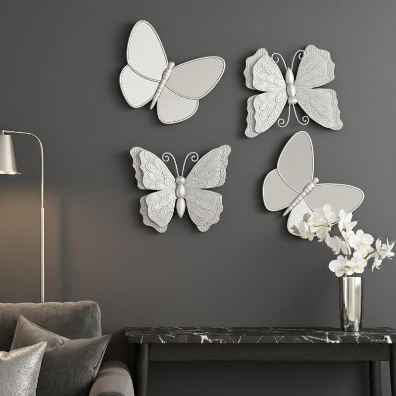 Ensemble de 4 décorations murales papillon argentées, sculpture murale et décorations en miroir, décoration moderne glamour pour chambre à coucher, salon, chambre de bébé