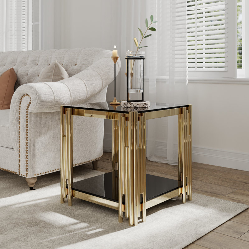Table de bout avec plateau en verre noir et 4 pieds dorés H 22 po x P 20,1 po x l 20,1 po, Noir
