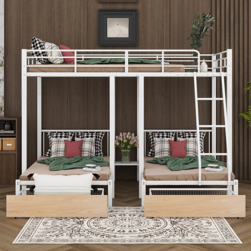 Lit double superposé double au-dessus de simple et double, lit superposé avec tiroirs de rangement, convertible en 3 lits, aucun sommier nécessaire