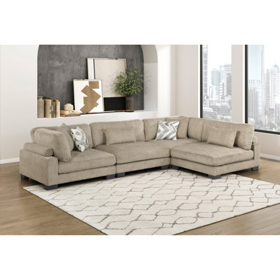 4-Piece Modular Sectional Sofa Set Contemporary Brown Comfortable Pillows Plush Microfiber Upholstery Solid Wood Living Room Furniture