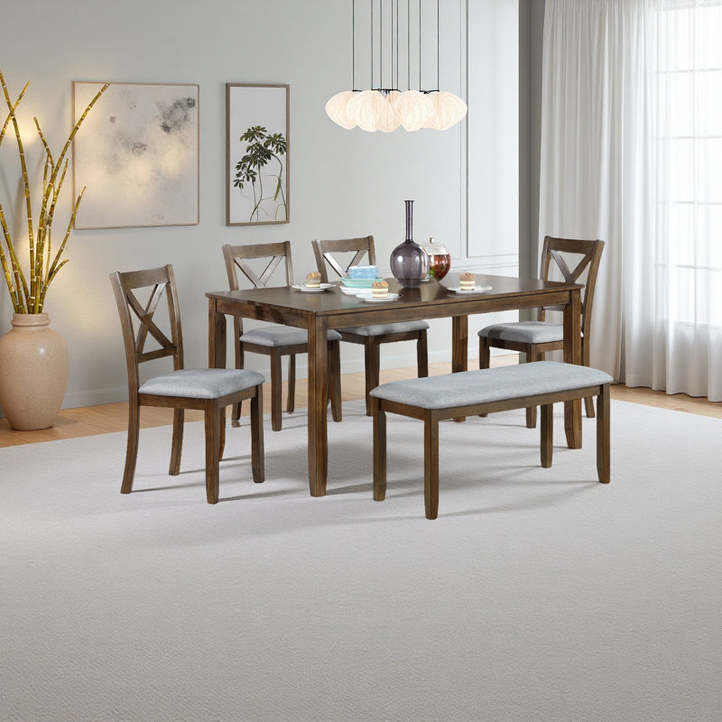 Ensemble de salle à manger de cuisine 6 pièces, table de salle à manger rectangulaire en bois avec 4 chaises rembourrées et un banc, ensemble de table de salle à manger pour 6 personnes, salon, bar et cuisine