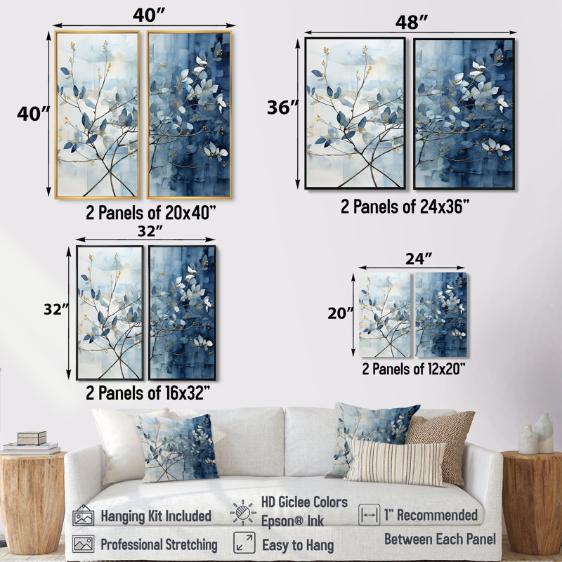 Bleu et gris sur une branche I - art mural bleu, Floater Framed Print without Mat, Black, 36" H x 48" W