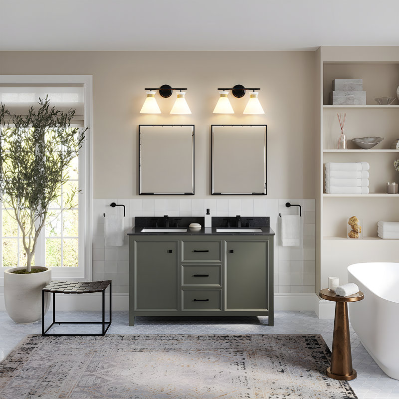 Luminaire de meuble-lavabo 2 lumières avec abat-jour en verre givré Kaylisa, Noir mat / Or