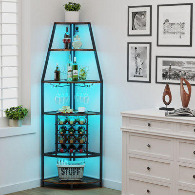 Bar à vin de coin moderne avec lumières DEL et rangement - Conception en arc à 6 niveaux avec télécommande