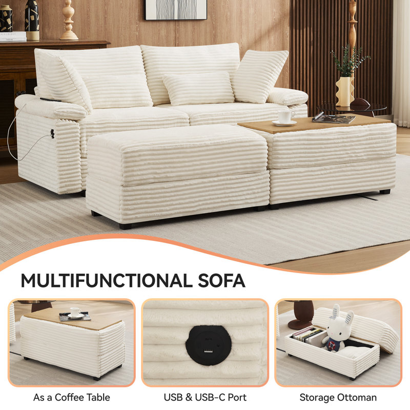 Canapé multifonctionnel à 3 places en velours côtelé avec 2 poufs de rangement réversibles, Beige