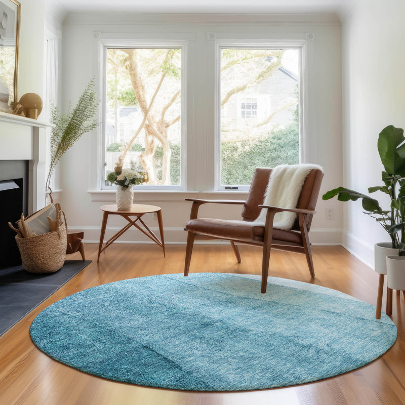 Premium Machine Washable Prisco Teal Rug, Round 8'