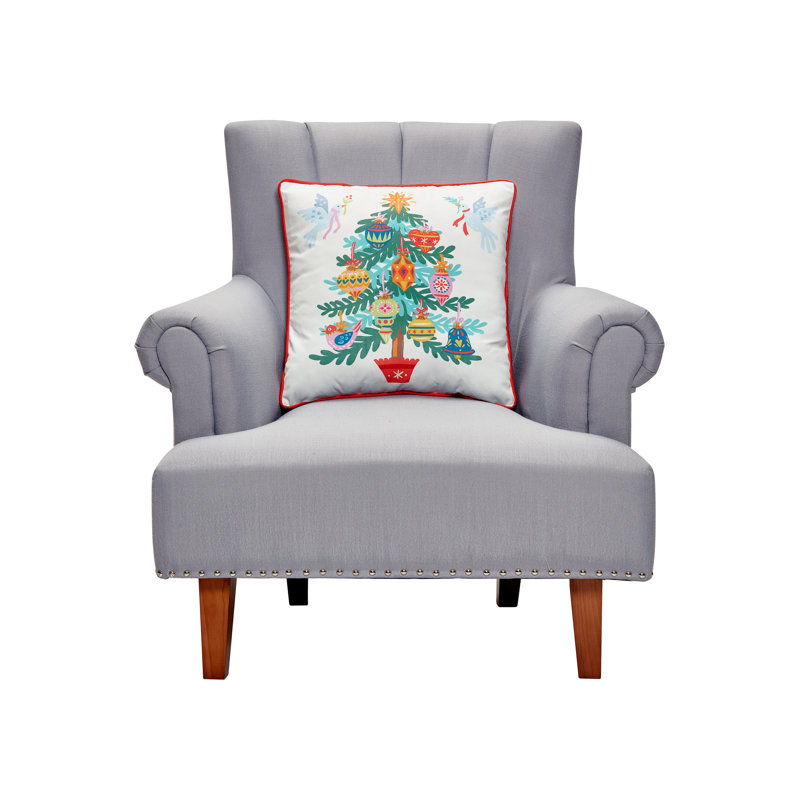 Coussin décoratif en velours de Noël Christmas - carré 18 po, Arbre de Noël blanc / vert / rouge