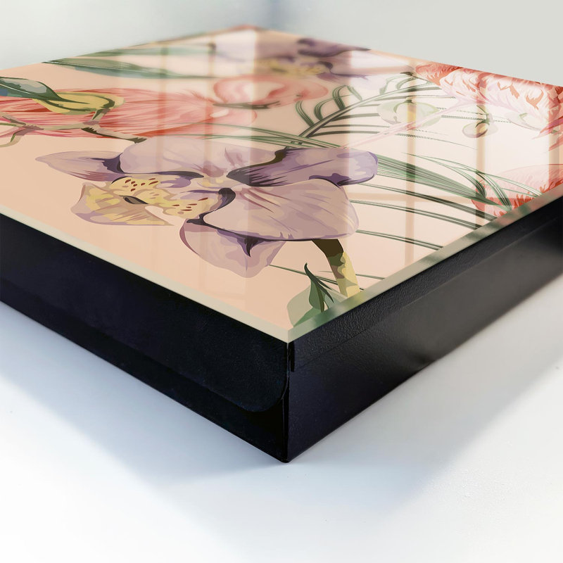 Decorative key box for wall, Opens to the left, 30x30x5, Black, Exotic flamingos with green leaves, 