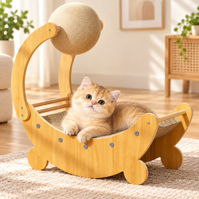 Moon Shaped Wooden Cat Scratcher Bed with Sisal Ball, Multi-Functional Cat Scratching Board Lounge