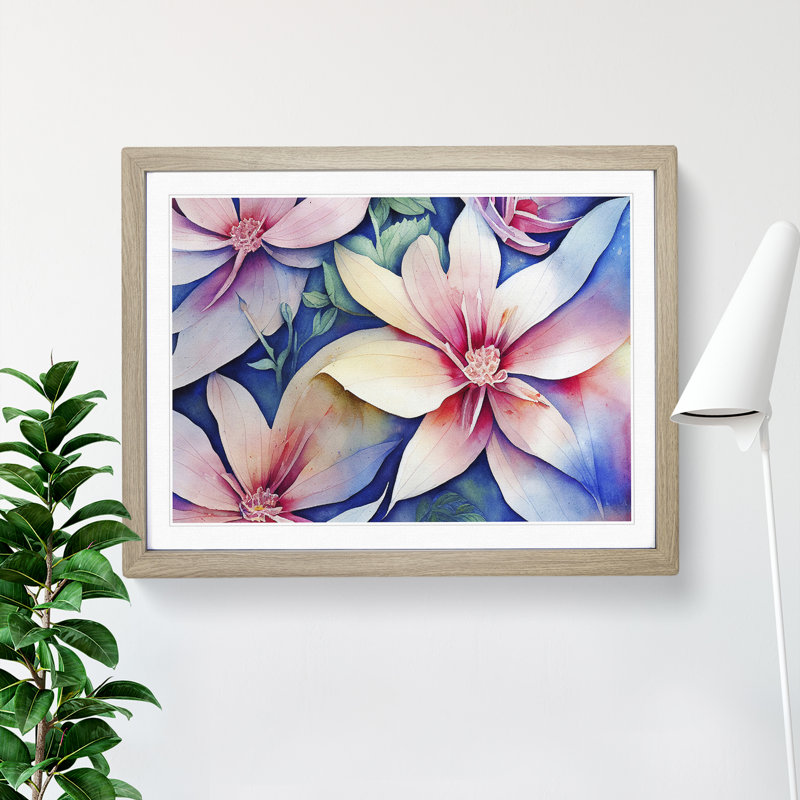 Favourable Watercolour Flowers - Single Picture Frame Print, Oak, 46cm H x 64cm W x 2cm D