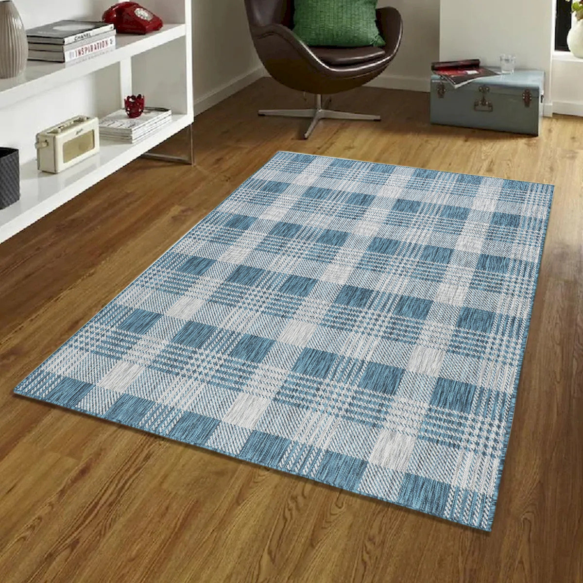 Gracie Oaks Oksana Silver And Blue Plaid Indoor/Outdoor Rug | Wayfair