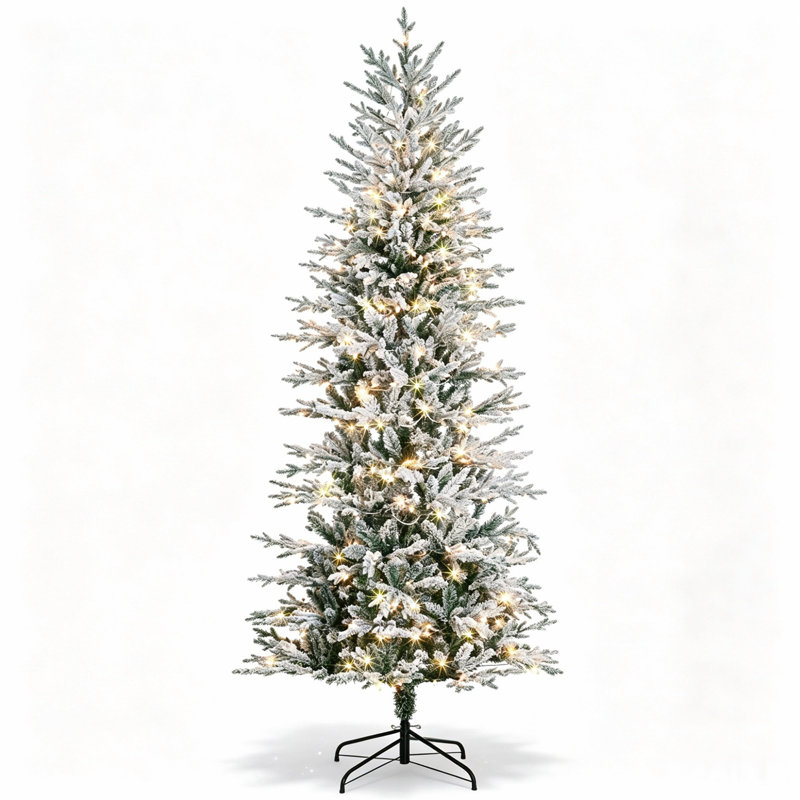 Sapin de Noël artificiel de 2,3 m (7,5 pi) pré-illuminé, recouvert de neige floquée, 850 extrémités de branches, 350 lumières jaune chaud transparentes, ouverture automatique et ampoules de rechange pour la décoration intérieure des fêtes