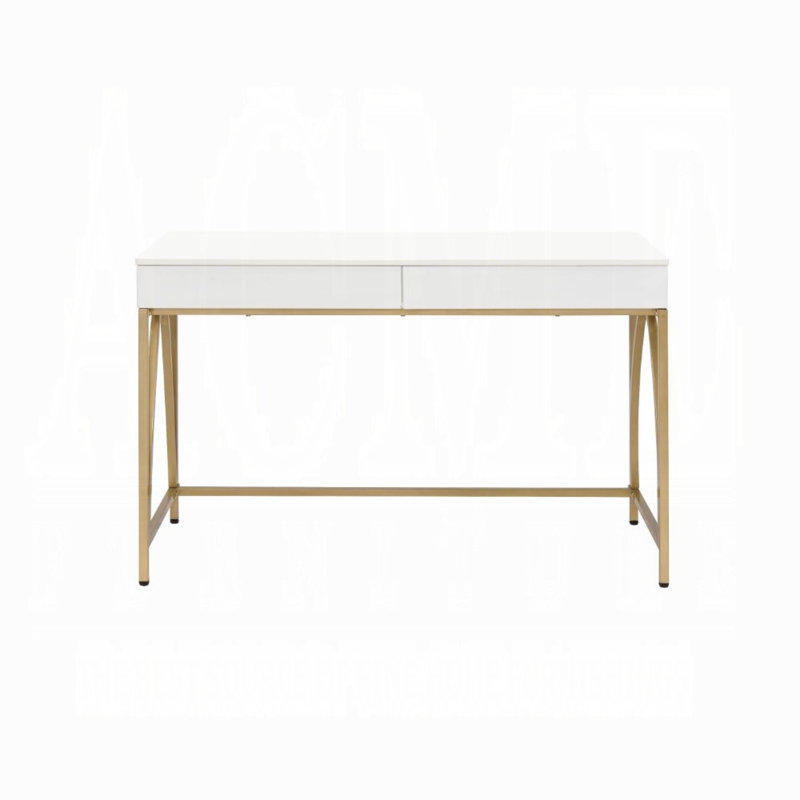Spada 2-Drawers Writing Desk in White High Gloss and Gold