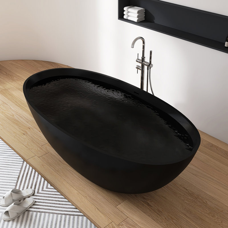 71'' X 35'' Freestanding Soaking Solid Surface Stone Resin Bathtub, Matte Black