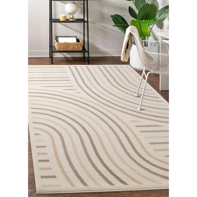 Fresno Cream Beige Neutral Curved Area Rug, Rectangle 7'9" x 10'6"