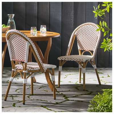 Ensemble de 2 chaises bistro d'extérieur en rotin et en aluminium avec finition en bambou, rouge et blanc résistant aux intempéries
