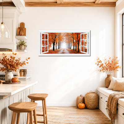  Automne, art mural sur toile style fenêtre ouverte, impressions de photos de paysage d'automne rustique, feuille d'érable de campagne rétro, décor de l'Action de grâce, peinture pour grand salon, 12 x 24 po