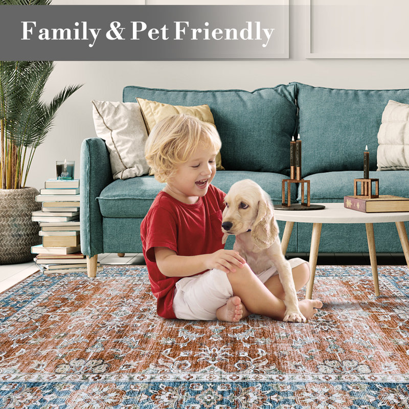 Oriental Machine Washable Rug for Living Room Floral Indoor Carpet for Home Decor Aesthetic Non-Slip Vintage Rug for Bedroom Dining Room Hallway Kitchen Office Nursery Playroom Teen Dorm