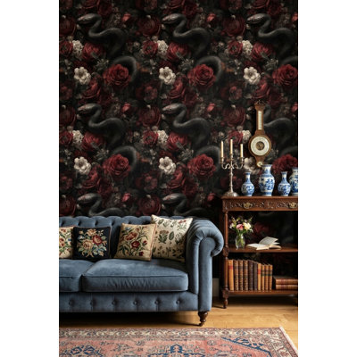 Papier peint mural gothique à motif floral et papillons, serpent noir et serpent noir