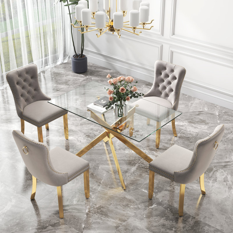 Ensemble de table de salle à manger rectangulaire en verre trempé, table de salle à manger de luxe avec chaise de salle à manger en velours capitonné