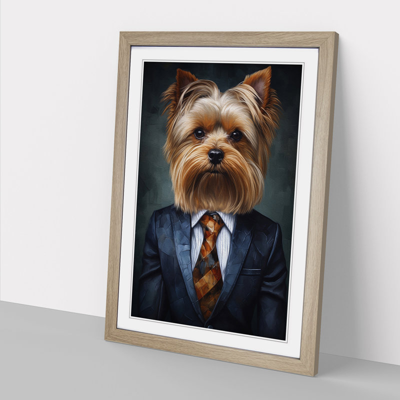 Yorkshire Terrier In A Suit Painting No.2 - Single Picture Frame Print on Wood, 46cm H x 34cm W x 2cm D, Oak
