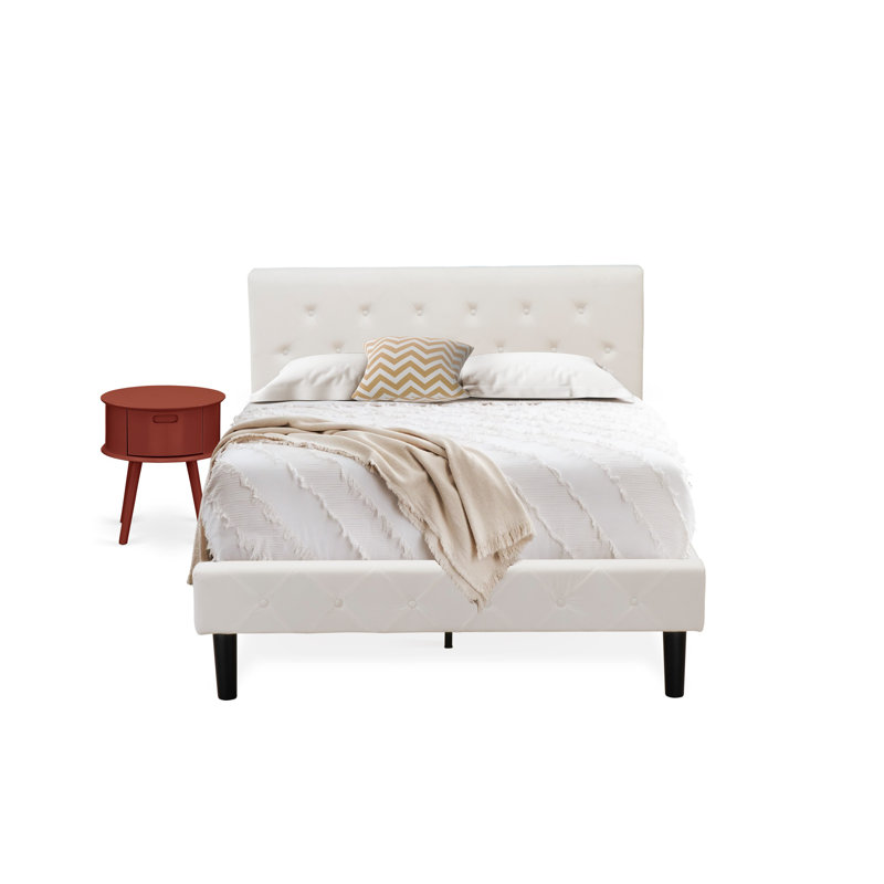 Ensemble de lit double 2 pièces - Base de lit capitonnée - Tête de lit tapissier en tissu de velours blanc lin et table de chevet à finition bourgogne