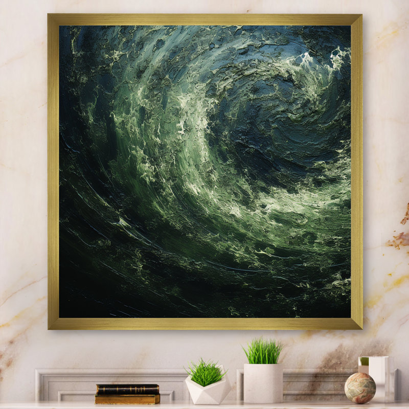 «Green and Black Abstract Spiral Waves», art mural abstrait, Cadre doré simple, H 16 po x l 16 po x P 1 po