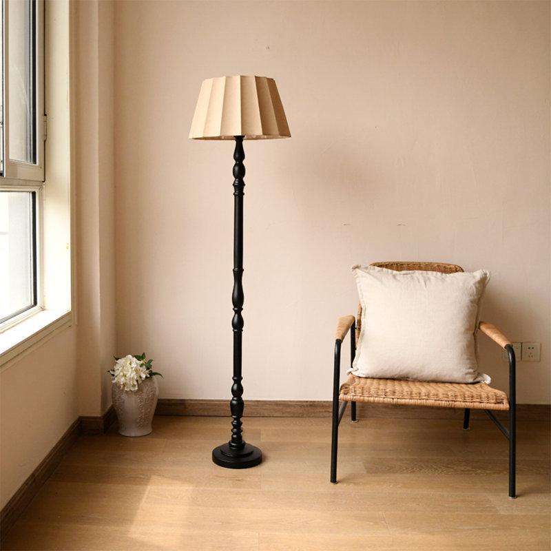 French Vintage-Style Fabric & Wood Floor Lamp, Black