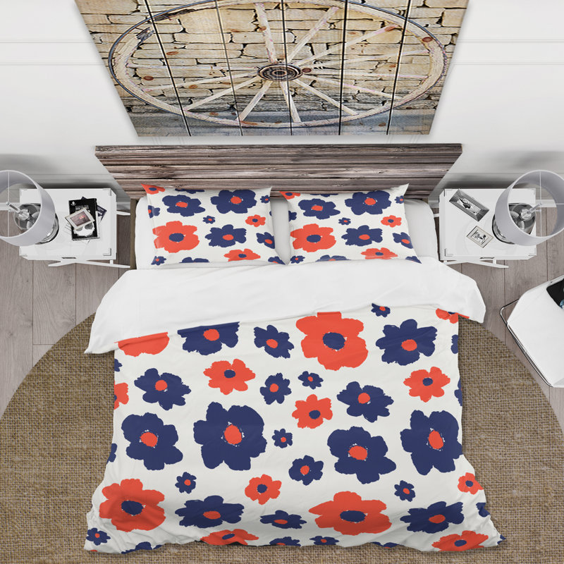 Fleurs orange et bleues rétro - ensemble de housse de couette moderne - microfibre de polyester