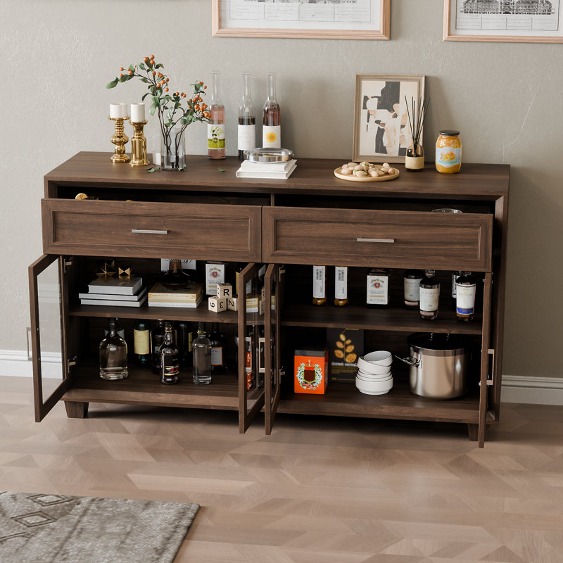 Buffet 63 po avec 2 tiroirs et 4 portes vitrées