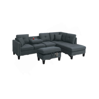 Living Room Furniture 3-PCS Sectional Sofa Set LAF Sofa RAF Chaise And Storage Ottoman Cup Holder Charcoal Color Linen-Like Fabric Couch