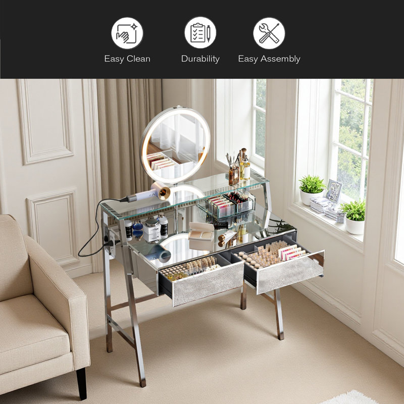 Meuble-lavabo à miroir 33,9 po avec miroir et lumières, coiffeuse à miroir avec 2 grands tiroirs et tablette ouverte, coiffeuse avec station de charge pour la chambre à coucher, argent