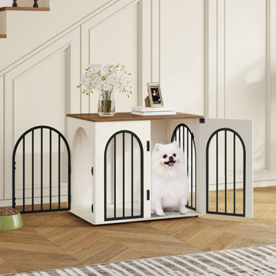 Wooden Dog Crate Furniture TV Stand, Indoor Dog Kennel for Small/Medium/Large Dogs, End Side Table Dogs Crates, Anti-Chew, Anti-Escape, Arched Door Design,White/Brown