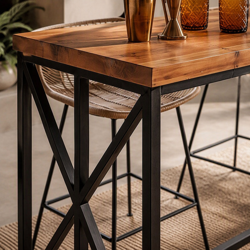 62.6" Rectangular Bar Table, Farmhouse Counter Height Pub Table with Metal Footrest for Coffee Bar