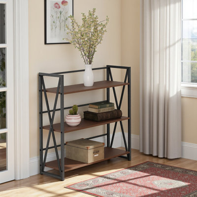 Metzler 3-Tier Shelf in Graphite Metal and Brown Finished Wood, 35.2" H X 34.52" W X 11.68" D
