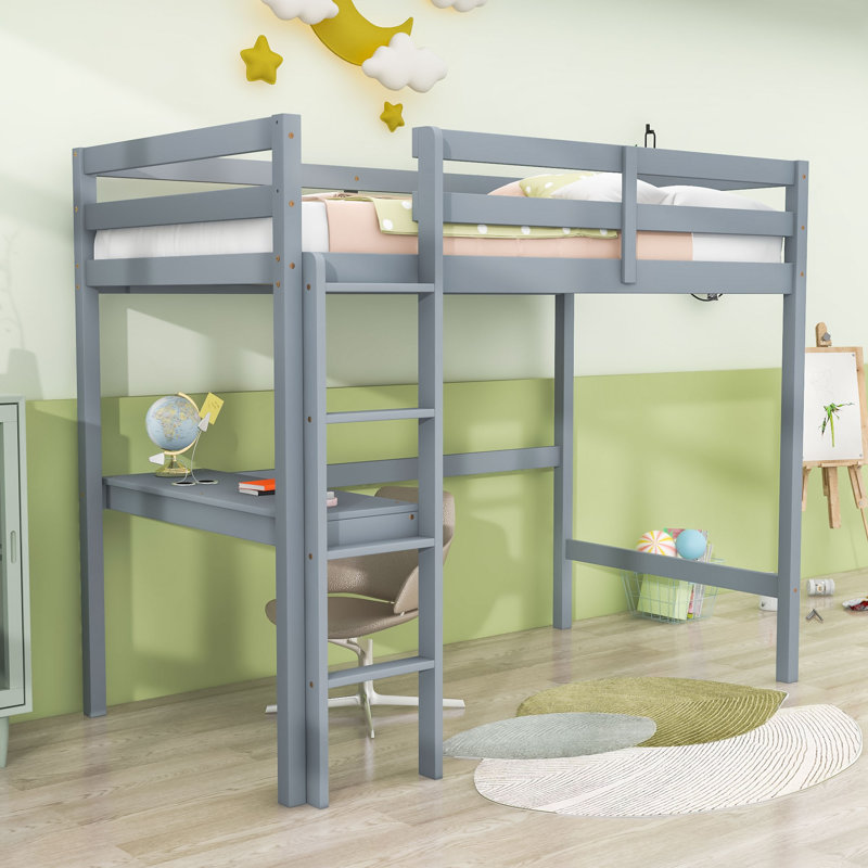 Gunnell Kids Twin Wood Loft Bed with Built-in Desk, Gray