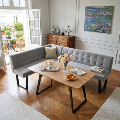 Extendable Dining Table Set, 130 x 170cm Oak Finish MDF Rectangular Top, Corner benches and benchesr, Modern Contemporary Style for Dining Room and Kitchen