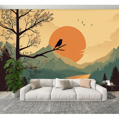 Peler et coller le papier peint Silhouette d'oiseau Branche d'arbre Coucher de soleil, paysage de montagne, rivière, peintures murales chaudes, H 100 po x l 144 po, papier peint amovible en PVC, adhésif mural pour garçons, salon, chambre à coucher, bureau à domicile