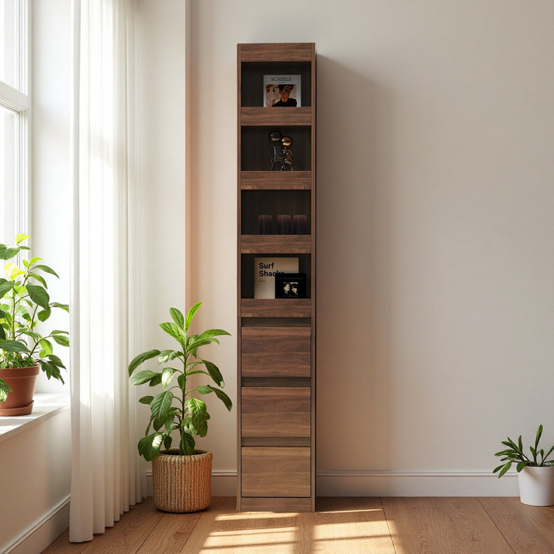 Armoire de rangement 70,87 "H, 4 niveaux, 3 tiroirs latéraux et 4 petites tablettes, grande bibliothèque moderne en bois