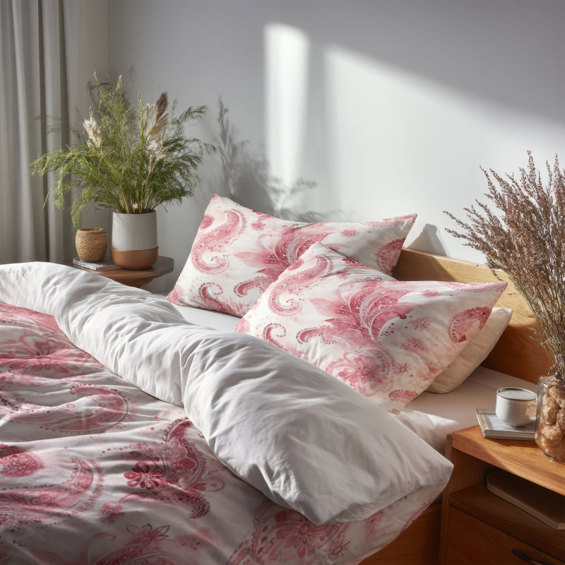 Ensemble de housse de couette 3 pièces French Country - Ensemble de housse de couette et coussin décoratif rouge et blanc à motif cachemire délicat