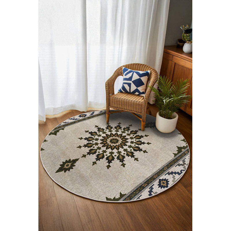 Stella Collection Digital Print Cotton-Polyester Beige Moroccan Rug, Round 5'3"
