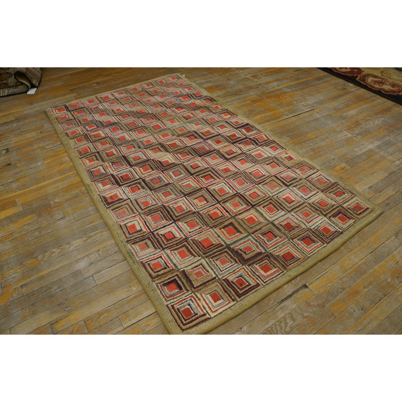 Antique American Folk Art Geometric Log Cabin Squares Design Hooked Rug