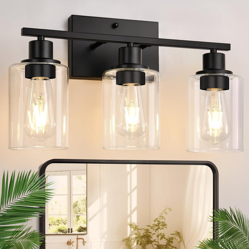Modern 3-Light Bathroom Vanity Fixture With Clear Glass Shade, Matte Black Wall Lamp For Mirror, Kitchen, Living Room, Hallway, And Porch