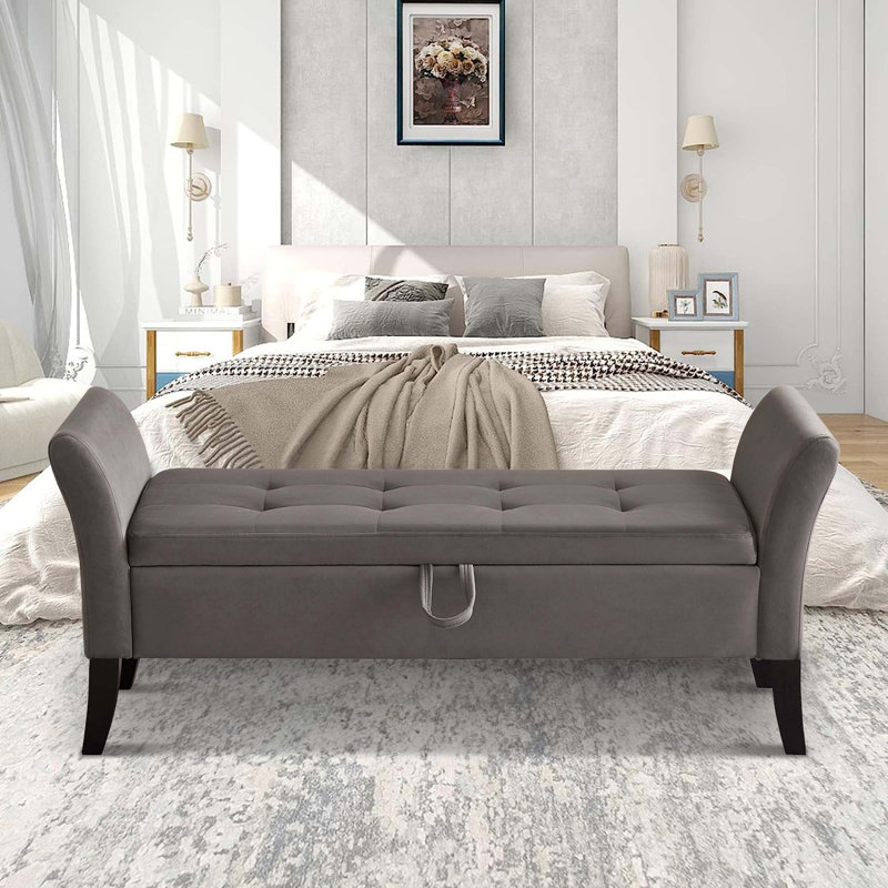 Karalin Velvet Upholstered Storage Bench, Gray