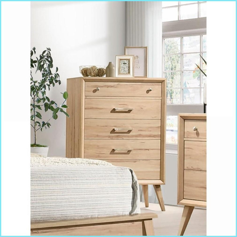 Chests &amp; Wardrobes, Mid-Century Modern 5-Drawer Chest | Natural Oak Melamine | Brushed Nickel | Oak | Wood