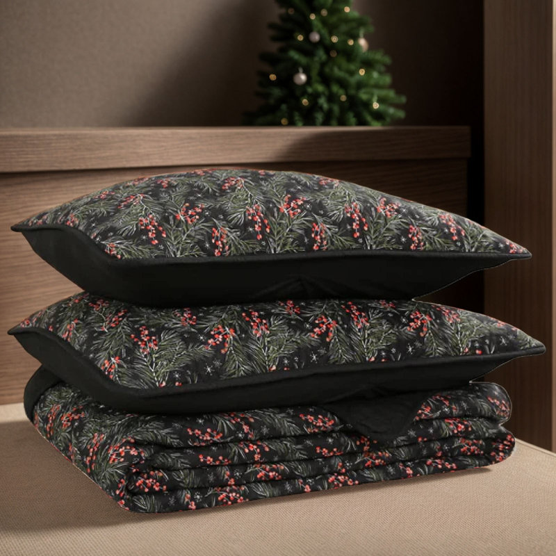 Marcielo Lightweight All Season Reversible Comforter Quilt Set with Shams, Black/Red Trellis, Queen Quilt + 2 Shams
