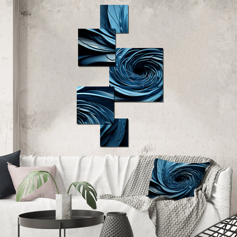 «Spiraling Blue Abstract Vortex III», ensemble d'art mural carré à spirales abstraites de 5