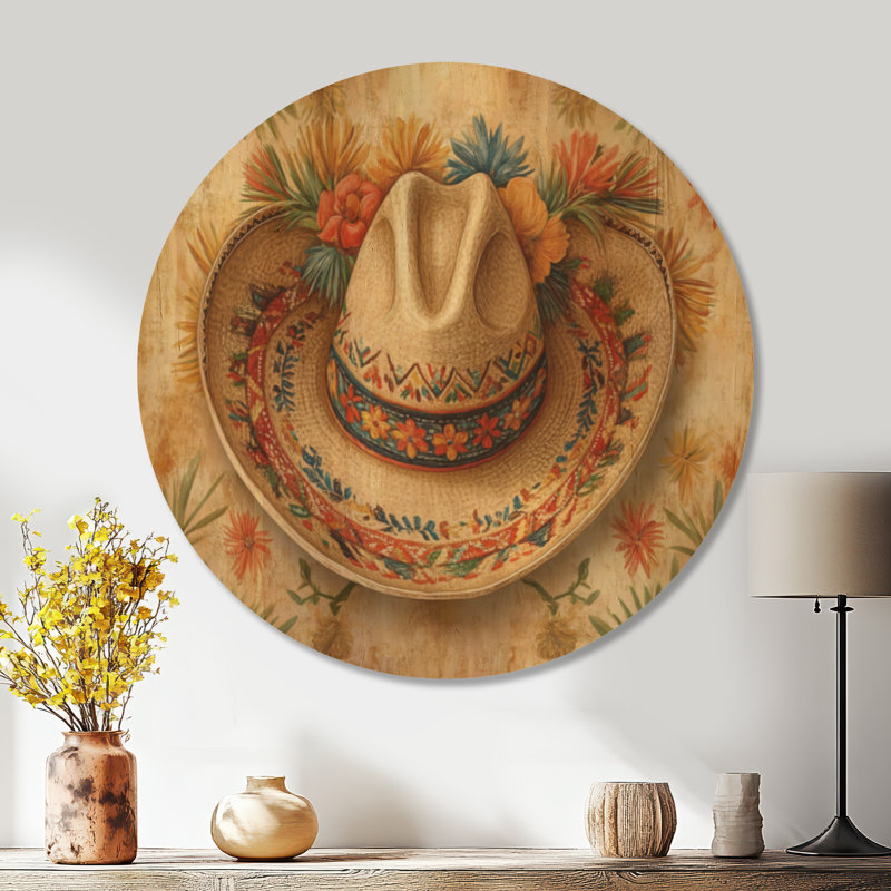 Sombrero de l'héritage mexicain - impression d'art mural rond en bois Boho, Rond 36 po, Rond