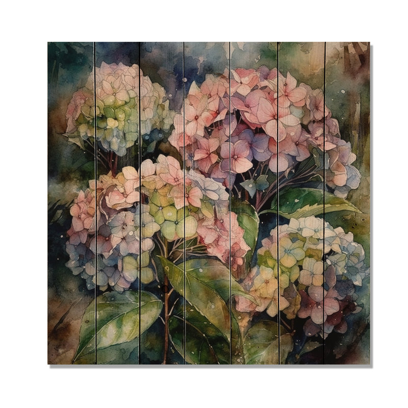 Hydreangea mauve, vert, impression sur bois naturel, H 15 po x l 15 po x P 0,78 po