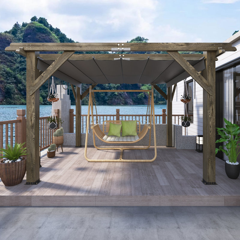 Pergola en bois 10 'x 12' avec auvent rétractable, pergola d'extérieur à structure solide pour patio, terrasse, jardin et jardin